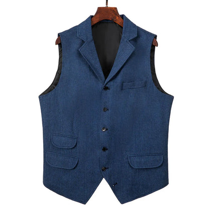 Men Vest Blue Herringbone Single Button With Lapel Waistcoat For Wedding Birthday Banquet Party Business Work Men Suit Vest