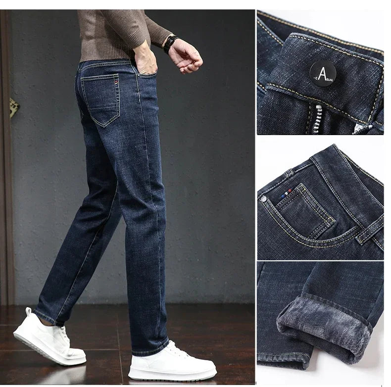 Winter Thickened Warm Male Plush Trousers Brand Clothes Men's Fleece Jeans Straight Slim Stretch Fashion Business Denim Pants