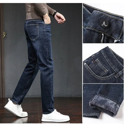 Winter Thickened Warm Male Plush Trousers Brand Clothes Men's Fleece Jeans Straight Slim Stretch Fashion Business Denim Pants