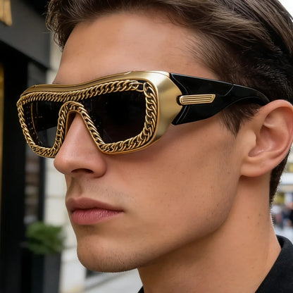Luxury Gold Chain Small Rectangle Sunglasses Man Thick Frame Punk Rock Hip Hop Party Cool Shades UV400 gafas sol hombre