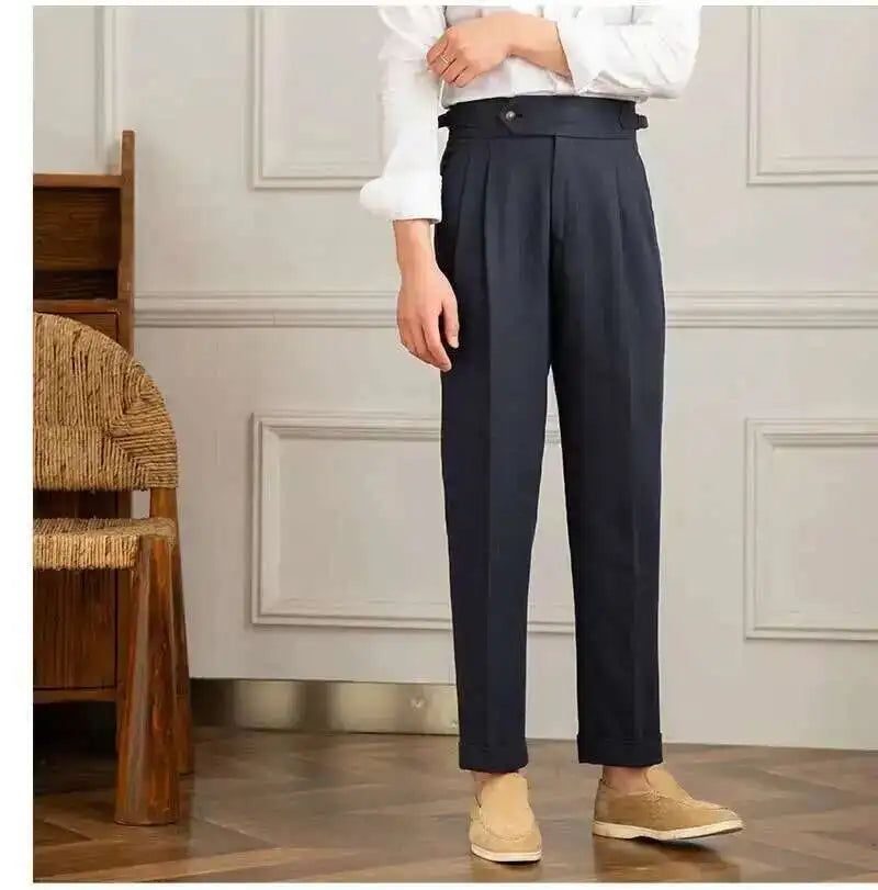 Linen Cotton High Waist Straight Casual Pants Men Versatile Naples Gentleman Pleated Pants High Quality Italian Dress Trousers