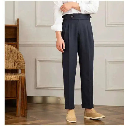 Linen Cotton High Waist Straight Casual Pants Men Versatile Naples Gentleman Pleated Pants High Quality Italian Dress Trousers