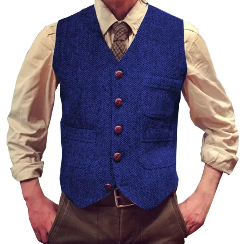 Herringbone Men Vest Dark Green Tweed Slim Casual Business Waistcoat For Wedding Party Banquet Work Prom Set Men Suit