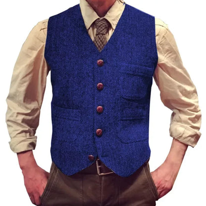 Herringbone Men Vest Dark Green Tweed Slim Casual Business Waistcoat For Wedding Party Banquet Work Prom Set Men Suit