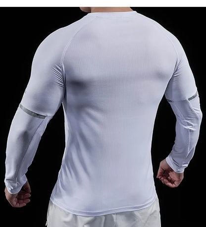 Autumn New Men's Sports Gym Fitness Clothes Reflective Strips Round Neck Training Long-sleeved T-shirt Running Slim Breathable
