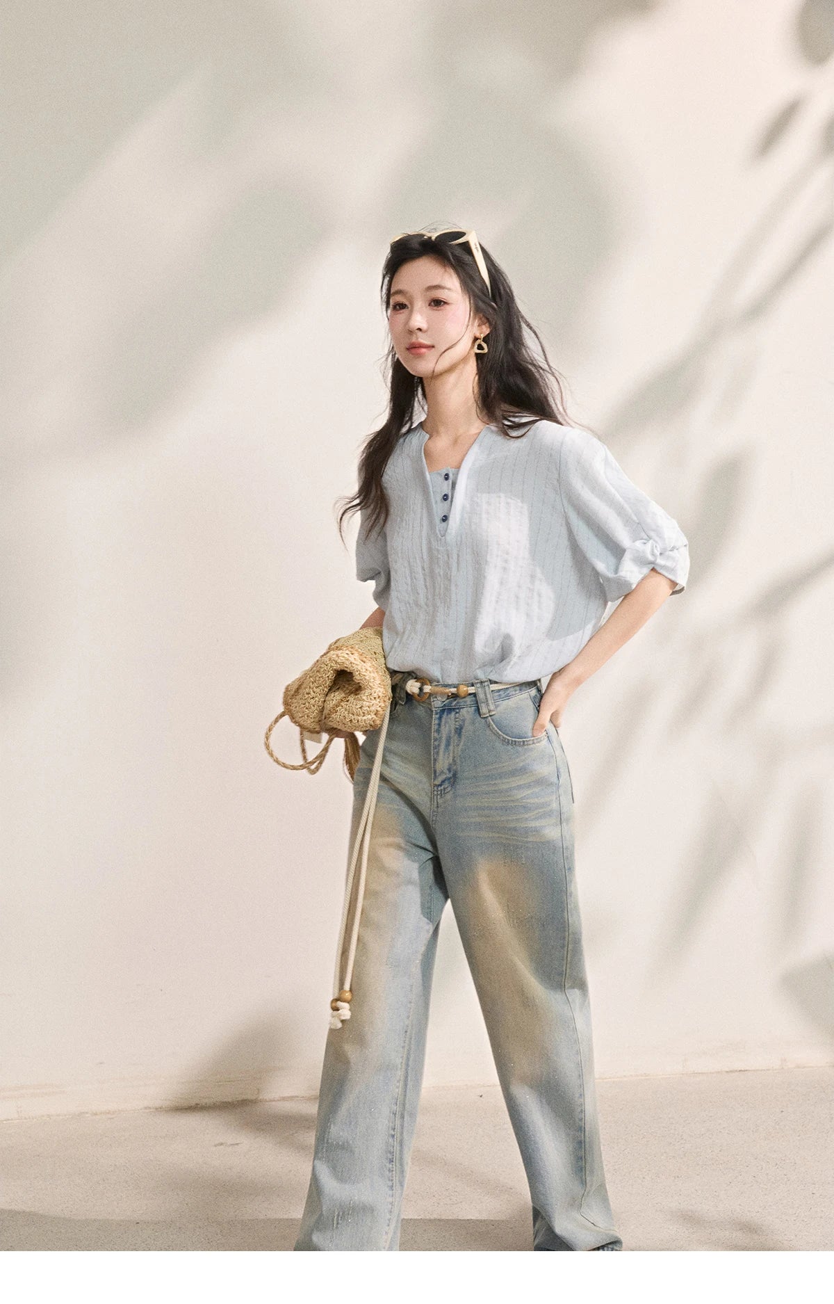 Women French Vertical Stripe Blouse Summer Seven Quarter Sleeve Loose Blouse Minimalist Solid Top Office Lady MXF16X2562
