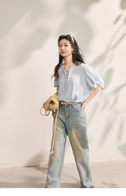 Women French Vertical Stripe Blouse Summer Seven Quarter Sleeve Loose Blouse Minimalist Solid Top Office Lady MXF16X2562