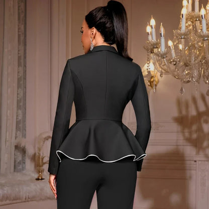 Stylish Black Long Sleeve Peplum Blazer Women with Silver Binding Formal Office Lady Business Autumn Winter Work Outfits