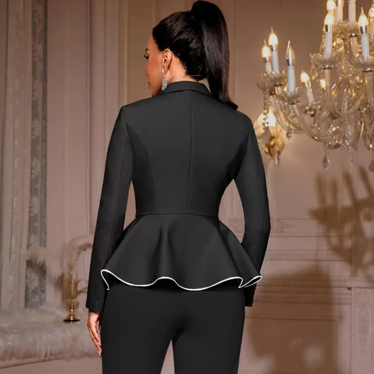 Stylish Black Long Sleeve Peplum Blazer Women with Silver Binding Formal Office Lady Business Autumn Winter Work Outfits