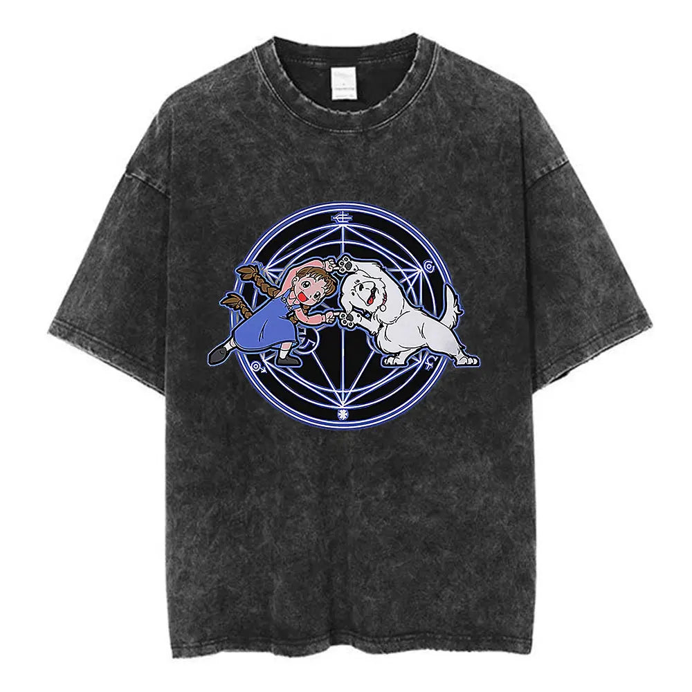 Anime Fullmetal Alchemist Washed T Shirts Edward Elric Alphonse Elric T-Shirt Men's Women Fashion Casual Oversized T-shirts Tops