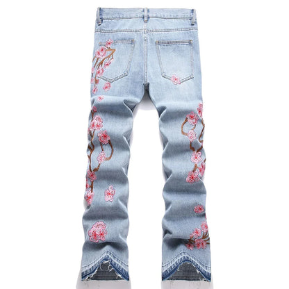 Men Sakura Embroidery Denim Jeans Streetwear Boot Cut Pants Released Hem Flared Trousers with Ripped And Cherry Blossom Design