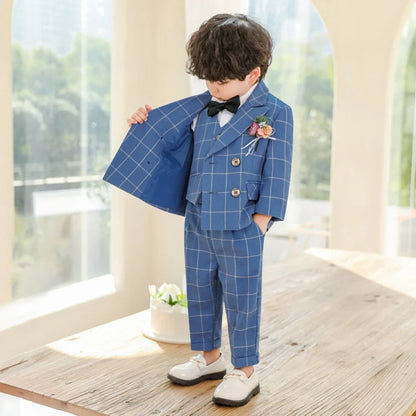 Blue Plaid Party Tuxedo 2 Pieces Blazer Pants With Bow-tie For Kids,Double Breasted Boys Suit Set Wedding Clothes