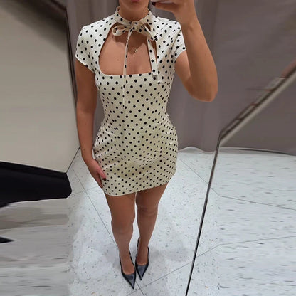 Fashion Lace Up Polka Dot Mini Dress Women Square Collar Short Sleeve Satin Party Dresses2026 Summer Lady Elegant Beach Robe New