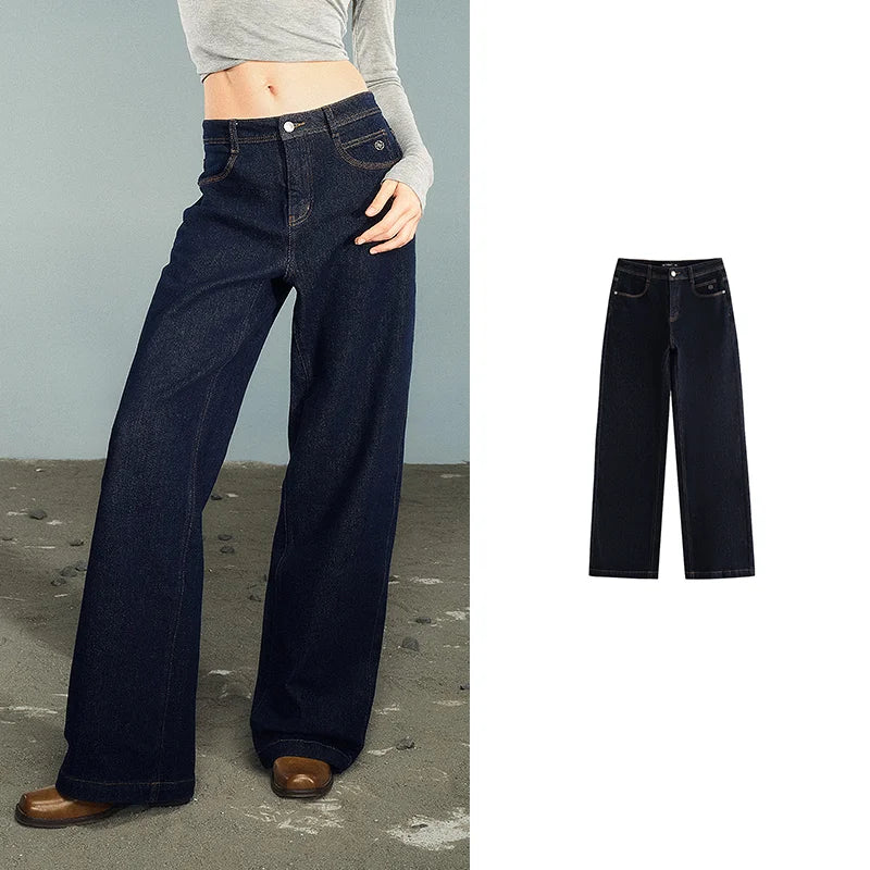 Women Denim Jeans 2025 Autumn New Lycra Stretch Washed Wide Leg Straight Long Pants