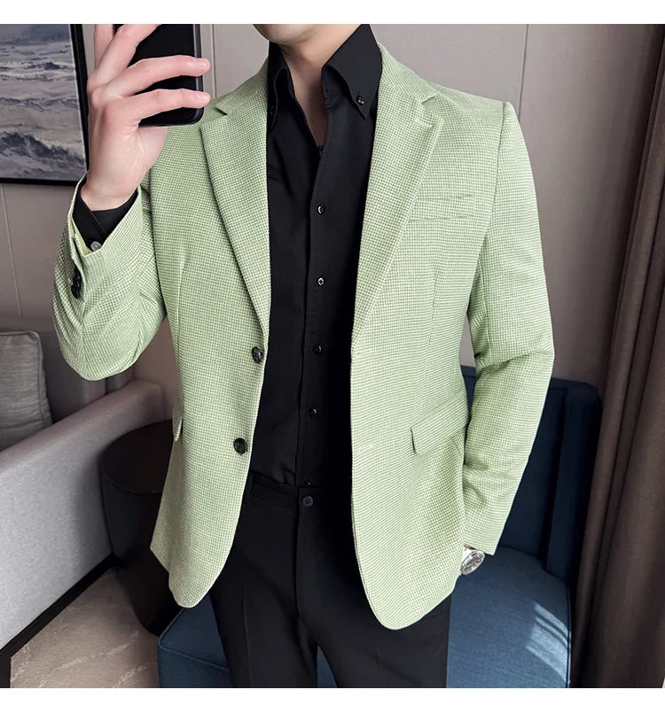 Bright Silk Thousand Bird Grid Suit Jacket Korean-style Business Fashion Slim Fit Single Breasted Men Social Party Dress Coats
