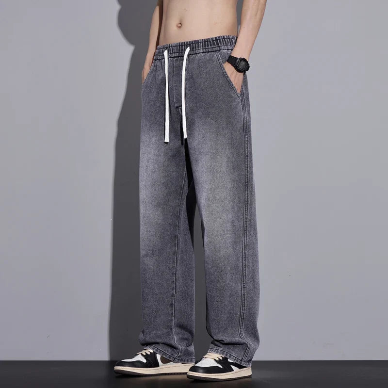 Men's Clothing Wide-leg Pants Baggy Jeans Streetwear Straight Fashion Denim Trousers Y2k Vintage Washed Elastic Waist Man Pants