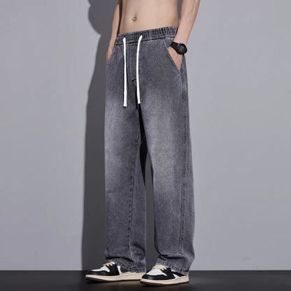 Men's Clothing Wide-leg Pants Baggy Jeans Streetwear Straight Fashion Denim Trousers Y2k Vintage Washed Elastic Waist Man Pants