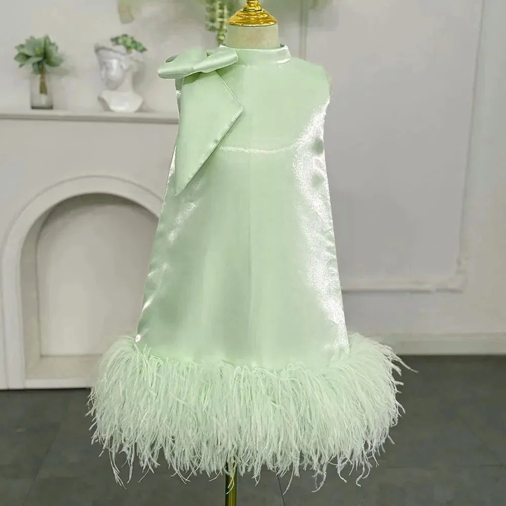 Customized Pink Flower Girl Dresses For Wedding Satin Feather With Bow Princess Birthday Party First Communion Pageant Ball Gown