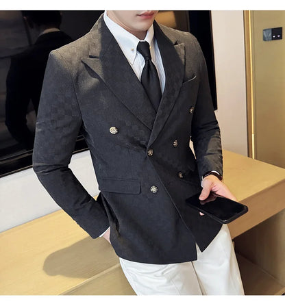 6 Color Luxury Double Breasted Blazers Coats 2024 New Fashion Checkered Business Slim Fit Social   Formal Suit Jacket 5XL-M