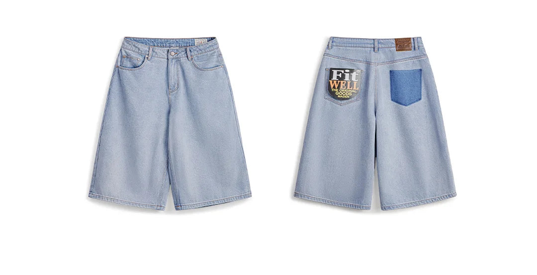 Men's American Retro Ice Blue Washed Denim Shorts Straight A Line Seven Inch Pants Vintage Workwear Loose Summer Trousers