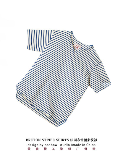 Summer men's pure cotton T-shirt, retro striped V-neck T-shirt from the United States, fashionable and versatile casual style