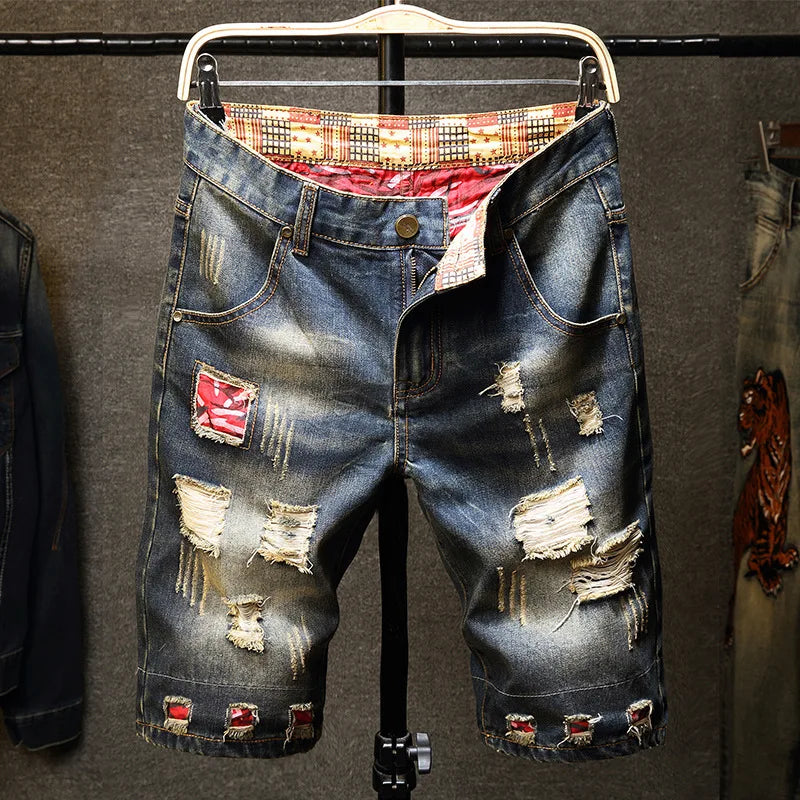 Men's Denim Shorts Retro Distressed Style Trendy Five Quarter Pants Spring and Summer Youth Light Blue