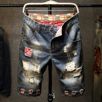 Men's Denim Shorts Retro Distressed Style Trendy Five Quarter Pants Spring and Summer Youth Light Blue