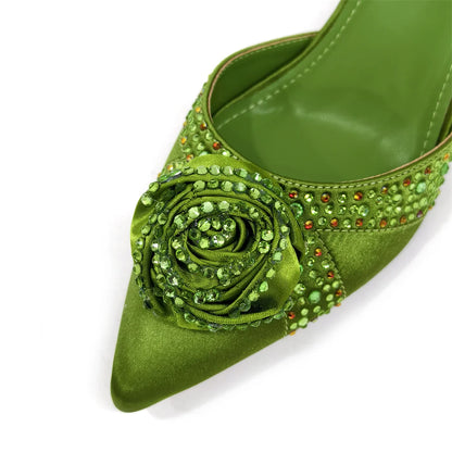 Sparkling Rhinestone Rose Pumps With Medium Heel for Nigerian Women's Party, Pointed Toe Shoes and Matching Bags