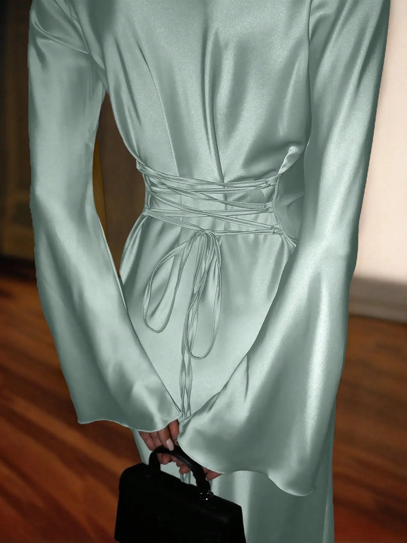Women's Bespoke Satin Maxi Dress with Corset Waist Tie Classic Round Neck & Dramatic Flared Sleeves Luxury Evening Dress