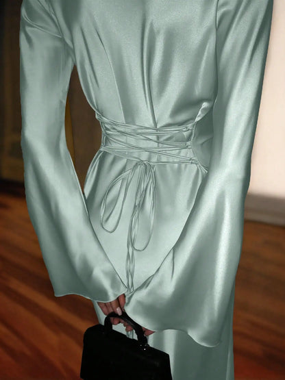 Women's Bespoke Satin Maxi Dress with Corset Waist Tie Classic Round Neck & Dramatic Flared Sleeves Luxury Evening Dress