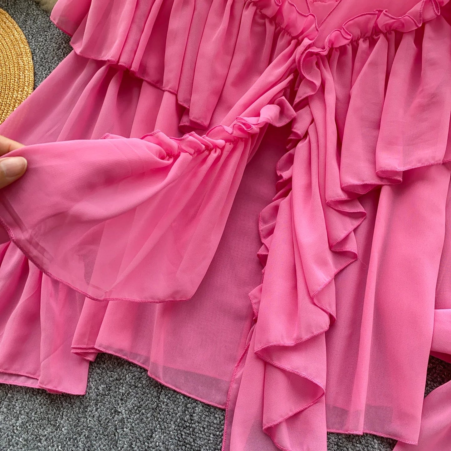 Chic Ruffles Splice Chiffon Blouse V Neck Flared Sleeve Loose Tops 2025 Fashion Solid Fairycore Vacation Women Shirt