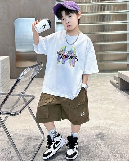 Printing Clothes for Boy Summer Set 2025 New Children's Clothing Boys Kids Top Bottom Elementary Student Men's T-shirts Korean