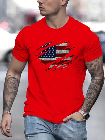 Men's Summer Casual Loose Size 100% Cotton Trendy American Flag Pattern Print Round Neck Short Sleeve T-shirt Top