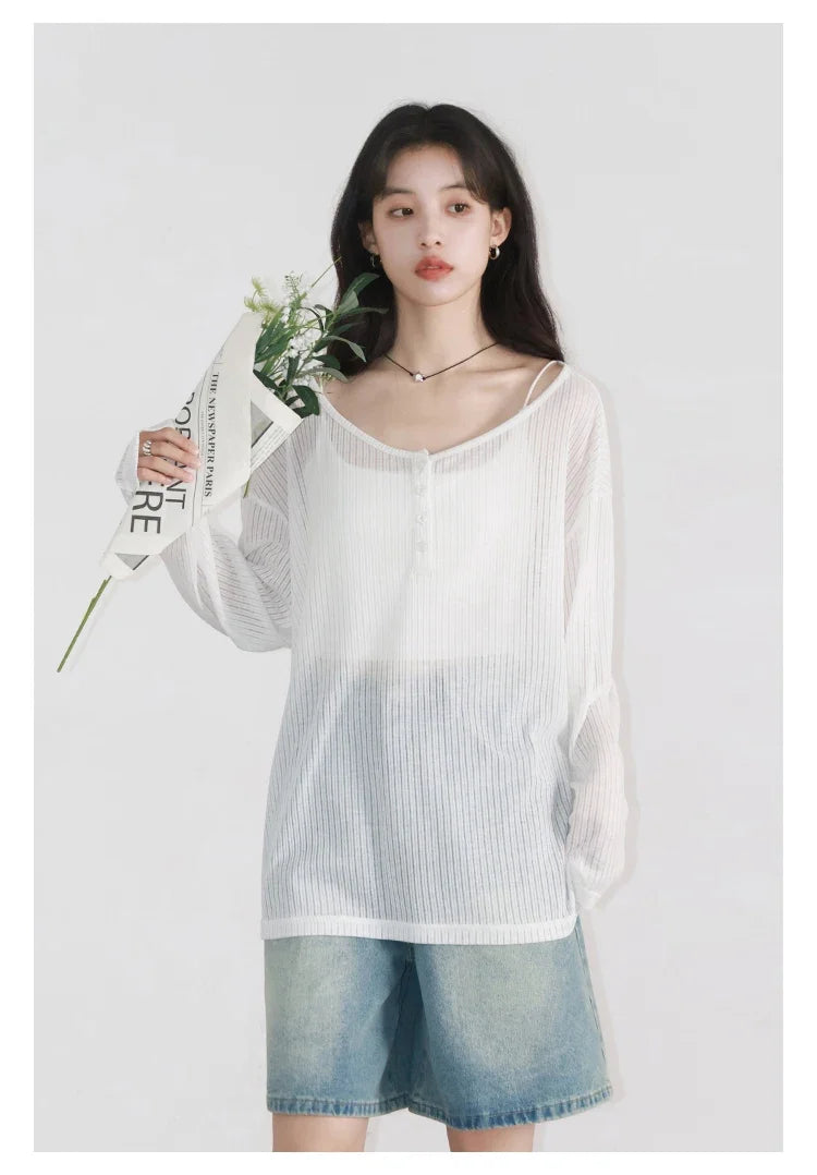 Women T-Shirts Casual Loose New Slightly Transparent O Neck Female Top Thin Sun Protection Tees Spring Summer 2025