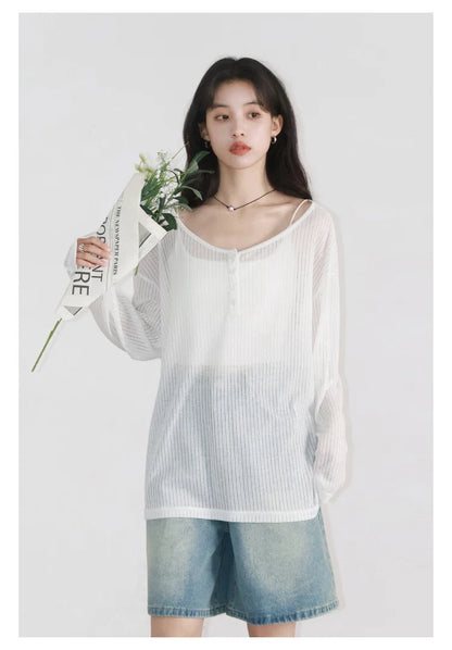 Women T-Shirts Casual Loose New Slightly Transparent O Neck Female Top Thin Sun Protection Tees Spring Summer 2025