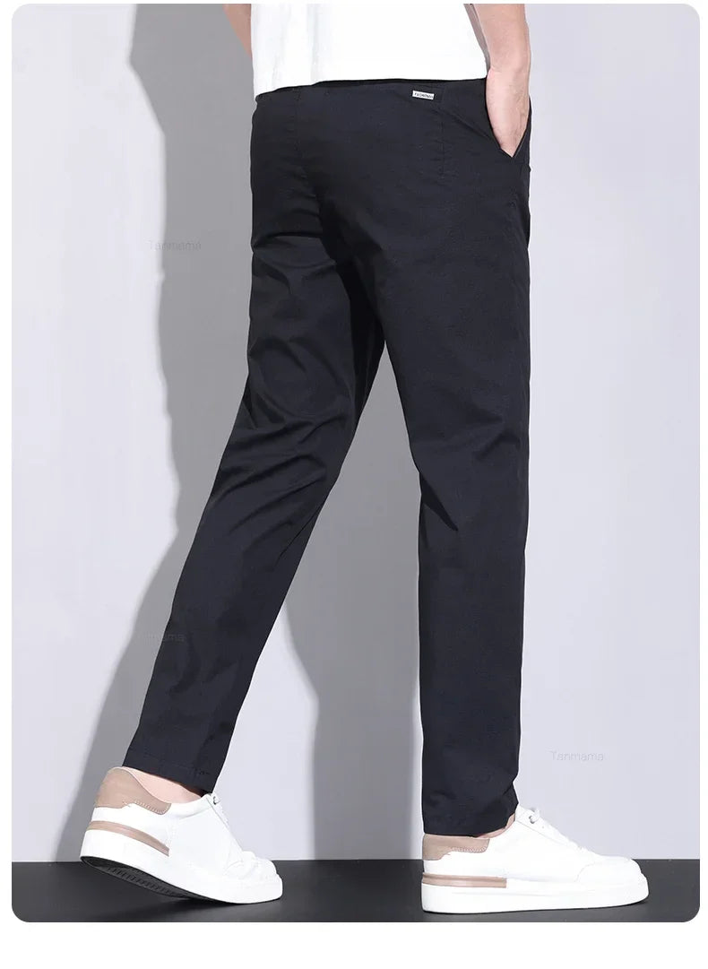 Ultra-thin Elastic Men's Casual Pants 2024 Summer Ice Silk Cotton Fashion Slim Straight Business Trousers Black Gray Khaki