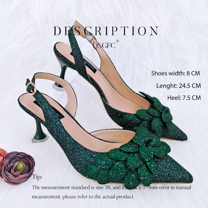 African Fashion Green Ladies Matching Shoes and Bags Nigerian Best Sell Women's Pointed Toe High Heels Commuter Wearable