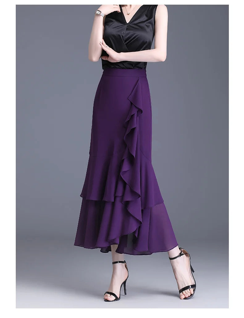 Fashion Irregular Fishtail Chiffon Skirts Elegant High Waist Summer Luxury Party Skirt Female Ruffles Long Skirts