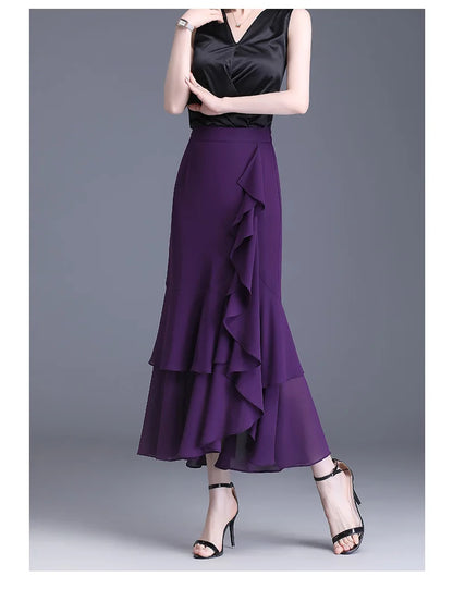 Fashion Irregular Fishtail Chiffon Skirts Elegant High Waist Summer Luxury Party Skirt Female Ruffles Long Skirts