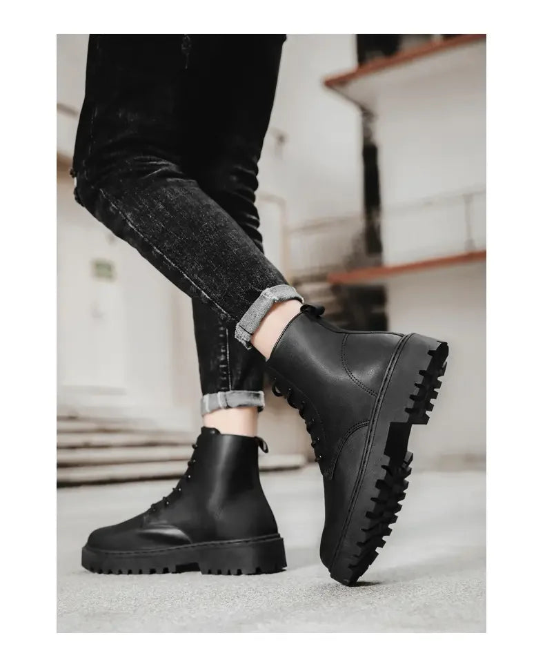 Men Shoes Autumn Anti Slip Waterproof High Top Black Lace Up Casual Leather Shoes Platform Boots Fashion Trend Motorcycle Boots