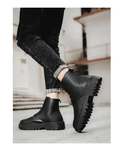 Men Shoes Autumn Anti Slip Waterproof High Top Black Lace Up Casual Leather Shoes Platform Boots Fashion Trend Motorcycle Boots