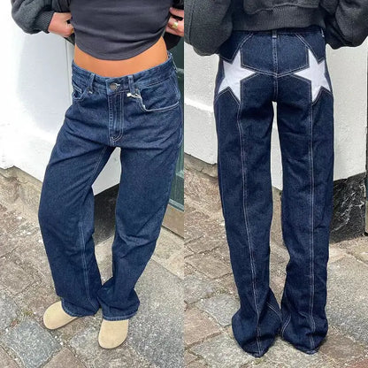 European and American Leopard Print Star Patch Jeans Street Women's High Waist Jeans Fashion Clothing Vintage Straight Trousers