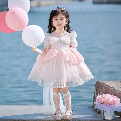 Sweet Baby Girls Princess Lolita Dress Kids 2026 New Summer Fashion Sequined Tulle Embroidery Puff Sleeve Performance Tutu Dress