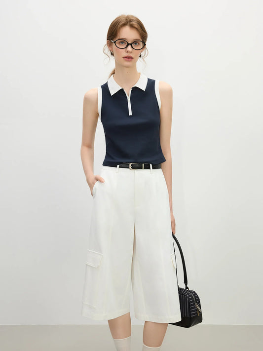 Minimalism Old Money Style POLO Collar Casual Vest for Women 2025 Summer New Arrival Slim Fit T-shirt Tank Top 25FS12210