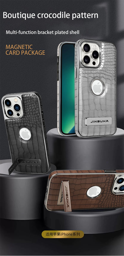 Crocodile Pattern Leather invisible Kickstand Magnetic Case For iPhone 15 16 Pro Max 14 Plus 13 12 Wireless Charging For Magsafe