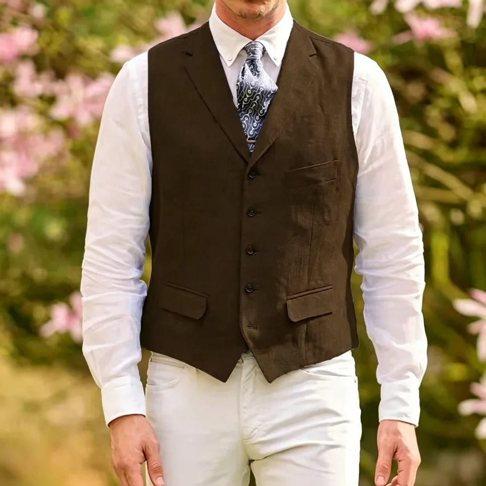 Men's Linen Suit Vest Lapel Sleeveless Summer Linen Waistcoat Single Breasted  For Beach Wedding Holiday Mens Gilet