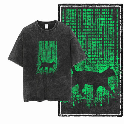 Cat Printed Cotton Acid Washed Exclusive Graphic Unisex T Shirt Cool Streetwear Men Tshirts Big Size Tee for Men