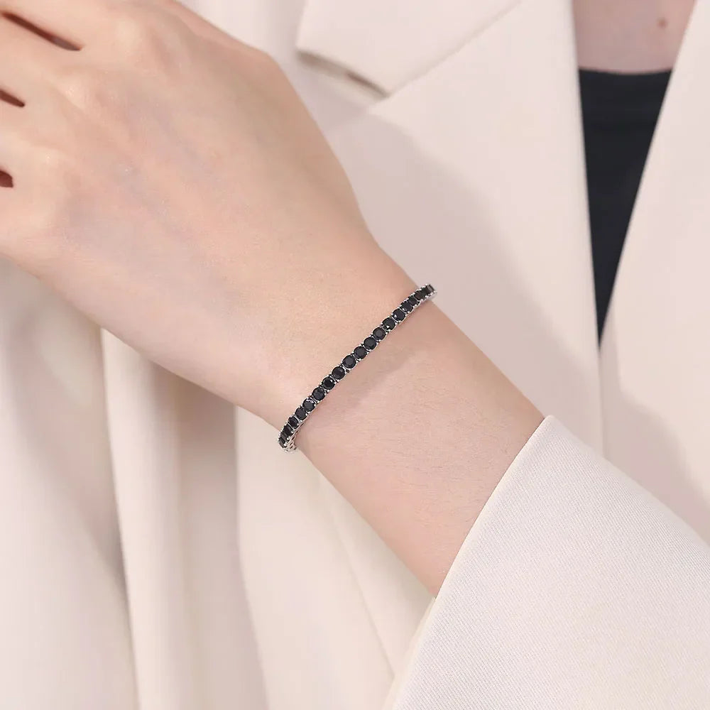 Solid 925 Silver Tennis Bracelet 3mm Black Cubic Zircon Chain Jewelry for Women Men Gift