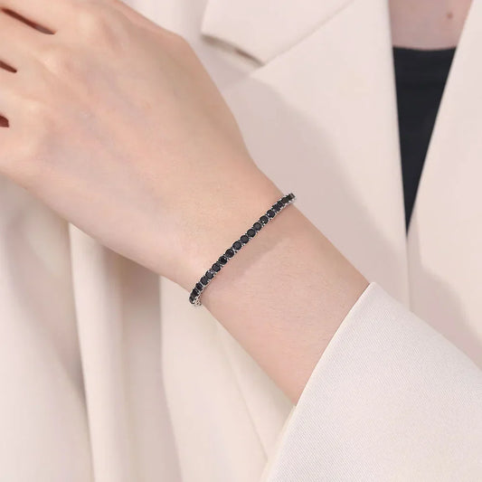 Bracelet Tennis en Argent Massif 925, Zircon Cubique Noir 3 mm, Chaîne Bijoux pour Femmes Hommes Cadeau