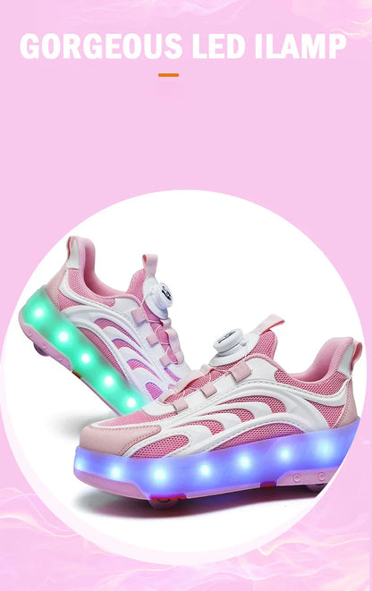 New Kids Wheels Roller Skate Shoes Boys Girls Swivel Buckle LED Light Luminous rechargeable Outdoor Children's Casual Sneakers